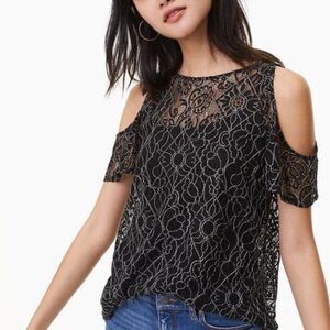LOFT Black Floral Sheer Lace Black Cold Shoulder Top